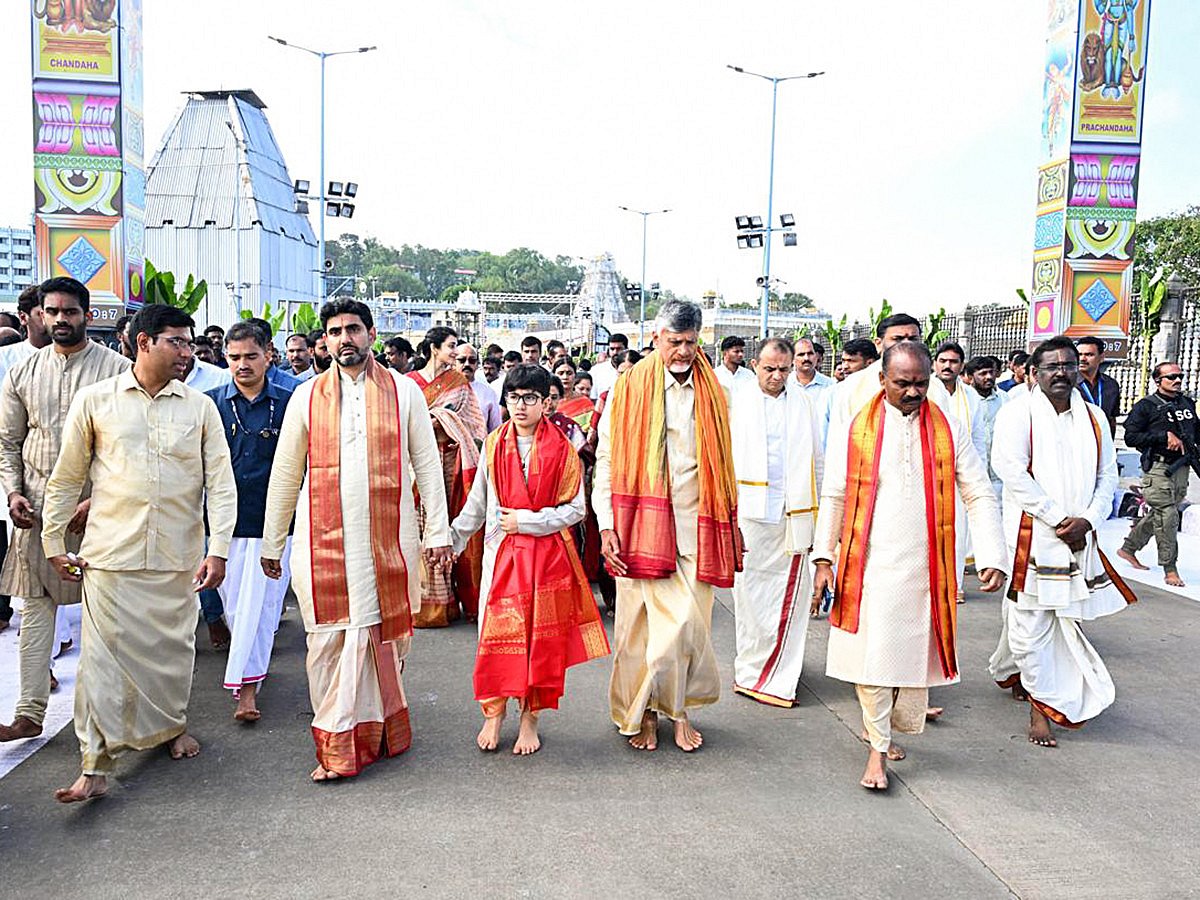Andhra Pradesh Chief Minister Chandrababu Naidu, his son Nara Lokesh and grandson Nara Devansh arrive at Sri Venkateswara Swamy temple in a file picture. Two labs independently certified that the dupattas were 100% polyester, not mulberry silk.