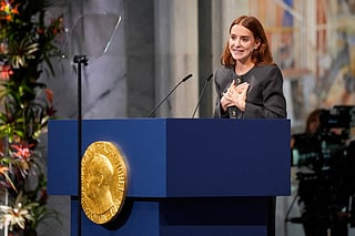 Ana Corina Sosa, daughter of Venezuelan opposition leader Maria Corina Machado, speaks after receiving the Nobel Peace Prize for her mother at the Nobel Peace Prize ceremony at Oslo City Hall on December 10, 2025 in Oslo, Norway.