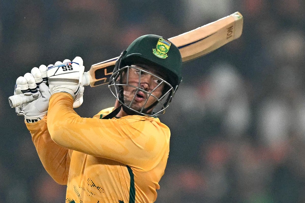 South Africa's Quinton de Kock reacts after playing a shot during the second Twenty20 international cricket match between India and South Africa at the Maharaja Yadavindra Singh International Cricket Stadium on the outskirts of Chandigarh on December 11, 2025.