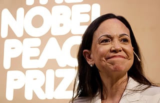 Nobel peace prize laureate Maria Corina Machado smiles as she addresses a press conference at the Grand Hotel in Oslo, Norway, on December 11, 2025.