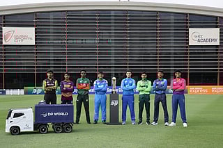 Captains pose with the trophy ahead of the ACC Men’s U19 Asia Cup 2025 at the ICC Academy Ground, Dubai on December 11, 2025.