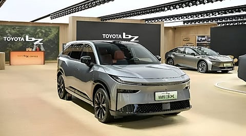 The RAV4-sized Toyota bZ3X all-electric compact SUV at a dealership. Produced in China, via joint venture GAC-Toyota, the bZ3X sales exceeded 10,000 units for two straight months.
