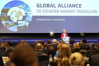 European Commission President Ursula von der Leyen addresses a Conference of the Global Alliance to Counter Migrant Smuggling at the EU Charlemagne building in Brussels, Wednesday, Dec 10, 2025.