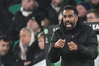 Celtic's French head coach Wilfried Nancy gestures from the touchline during the Uefa Europa League league stage football match between Celtic and Roma at Celtic Park in Glasgow on December 11, 2025.