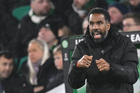 Celtic's French head coach Wilfried Nancy gestures from the touchline during the Uefa Europa League league stage football match between Celtic and Roma at Celtic Park in Glasgow on December 11, 2025.