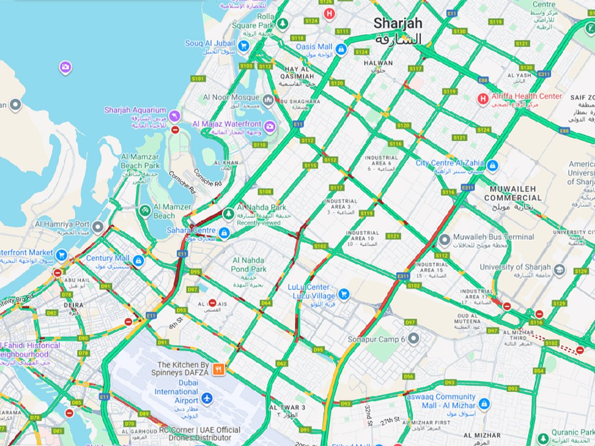 Congestion reported on Al Qusais Industrial Areas, Al Hamriya Port Road, and Dubai Airport Road.