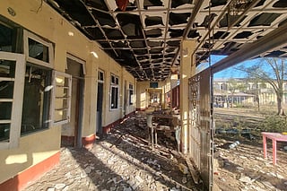 In this photo provided by Wai Hun Aung, a damaged building is seen at the hospital that was allegedly hit by a military air strike in Mrauk-U township in Rakhine state, Myanmar, Thursday, Dec.11, 2025. (Wai Hun Aung via AP)