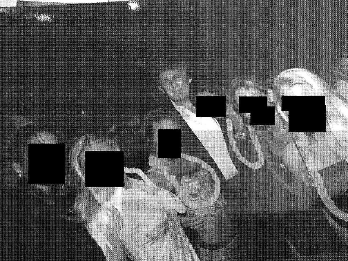 One of the released photos reportedly shows Trump posing with six women wearing leis, though their faces were redacted by committee members (Photo/X@OversightDems)
