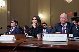 Director of the National Counterterrorism Center Joseph Kent, U.S. Secretary of Homeland Security Kristi Noem, and Operations Director of the National Security Branch at the Federal Bureau of Investigation (FBI) Michael Glasheen testify before the House Committee on Homeland Security in the Cannon House Office Building on December 11, 2025 in Washington, DC. The committee convened to hear testimony from top national security officials on potential worldwide threats.