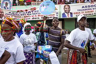 Supporters of the president of the Central African Republic and United Hearts Movement (MCU) presidential candidate Faustin-Archange Touadera gather during the launch of the electoral campaign in Bangui on December 13, 2025, ahead of the Central African Republic general elections scheduled for December 28, 2025.