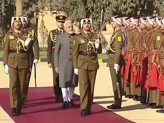 Prime Minister Narendra Modi receives a ceremonial welcome upon his arrival in Amman, Jordan.
