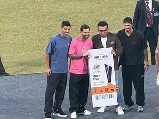 Jay Shah gifts T20 World Cup tickets, a signed jersey, and a bat to Lionel Messi during the GOAT India Tour event at the Arun Jaitley Stadium in New Delhi on Monday. 