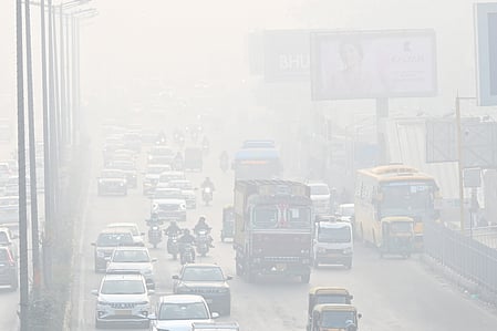 A thick layer of smog blankets Delhi-NCR on Monday, December 15, 2025.