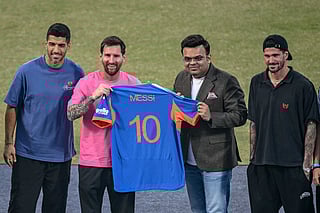 Argentina's footballers Lionel Messi (2L), Rodrigo De Paul (R) and Uruguayan footballer Luis Suárez (L) pose for a photograph with International Cricket Council (ICC) chairman Jay Shah during his GOAT Tour at the Arun Jaitley Stadium in New Delhi on December 15, 2025.