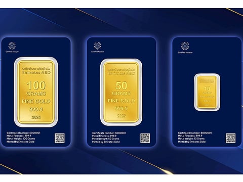 Emirates NBD Gold is available in a sealed 10, 50 and 100 Gram denominations featuring the Emirates NBD Logo with each bar coming with a unique certificate of authenticity and ownership.