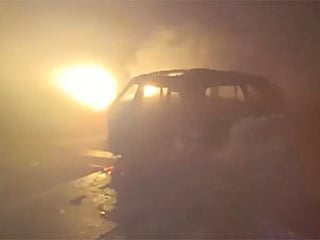 The impact and subsequent ignition of fuel tanks led to several vehicles catching fire, sending plumes of black smoke skyward. 