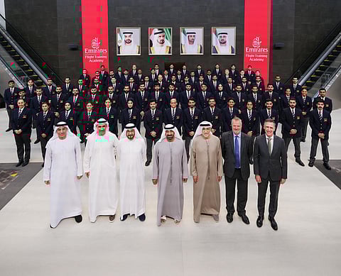 Sheikh Ahmed bin Saeed Al Maktoum, Chairman and Chief Executive of Emirates Airline and Group, leads Emirates cadet pilot ceremony with top executives and flight training leaders. 