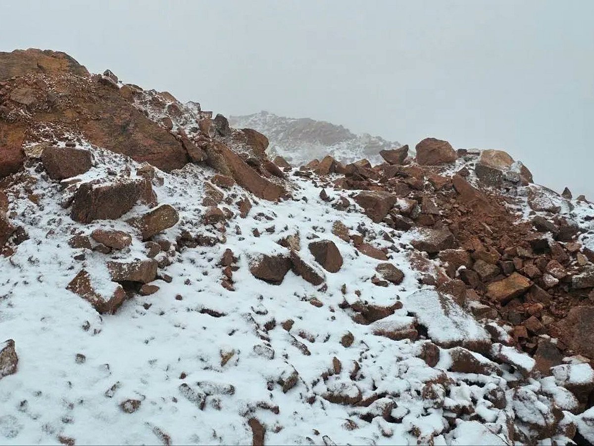 Snowfall covers the Trojena Highlands, transforming Saudi Arabia’s rugged terrain into a winter landscape.