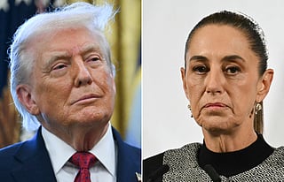 This combination of pictures created on December 17, 2025, shows Mexico's President Claudia Sheinbaum speaking during her daily press conference at Palacio Nacional in Mexico City on November 28, 2025, and US President Donald Trump looking on during a Mexican Border Defense Medal presentation in the Oval Office of the White House in Washington, DC, on December 15, 2025.