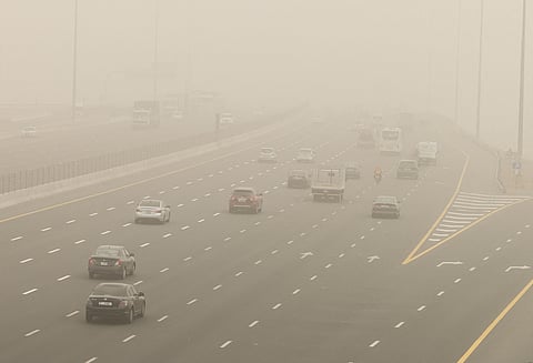 Thick veil of dust blankets Dubai skyline as sandstorm reduces visibility across the emirate. 