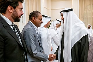 The President appreciates Shakil during a recognition ceremony at Qasr Al Bahr in Abu Dhabi.