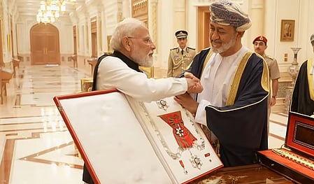 Oman's Sultan Haitham confers The First Class of the Order of Oman on PM Modi on Thursday, December 18, 2025.