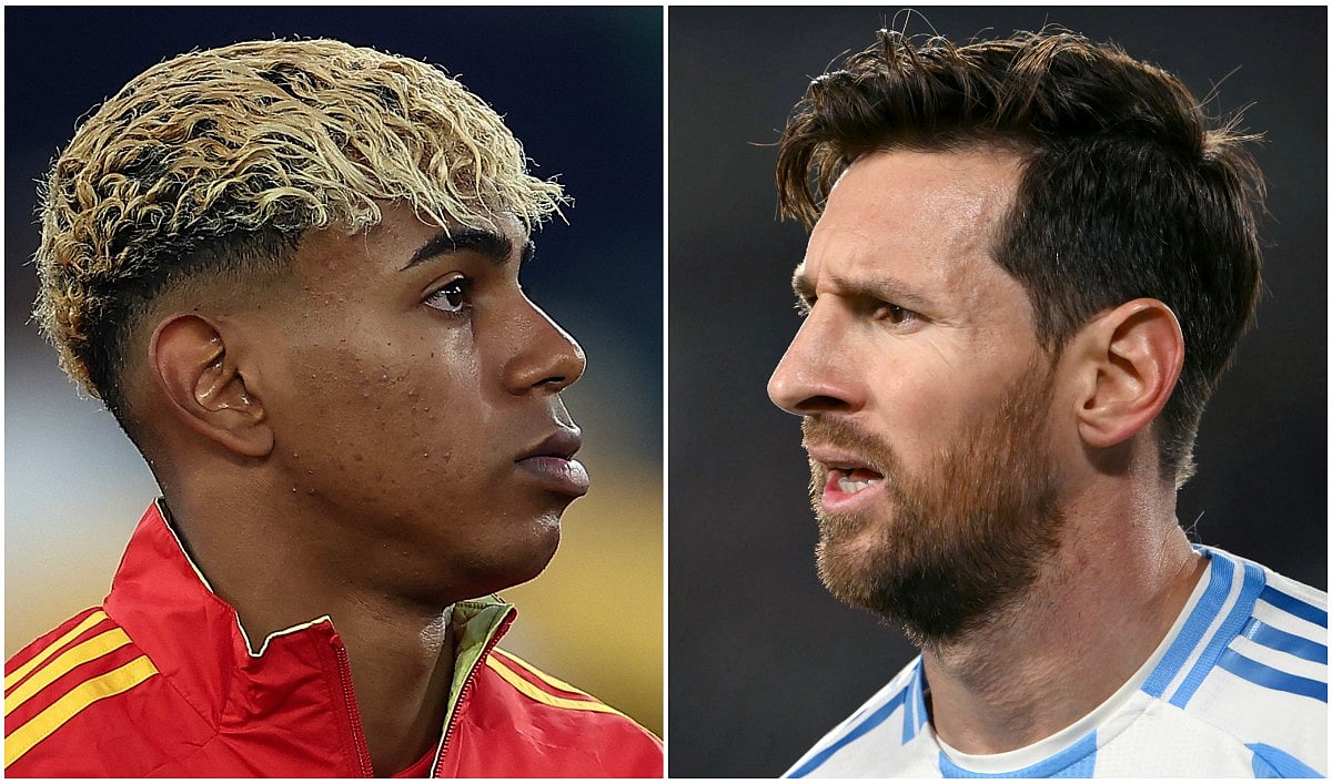 This combination of file pictures created on November 14, 2025, shows Spain's forward #19 Lamine Yamal (L) walking onto the pitch prior to the UEFA Nations League semi-final football match between Spain and France in Stuttgart, southwestern Germany, on June 5, 2025, and Argentina's forward #10 Lionel Messi looking on during the 2026 FIFA World Cup South American qualifiers football match between Argentina and Colombia at the Mas Monumental stadium in Buenos Aires on June 10, 2025.