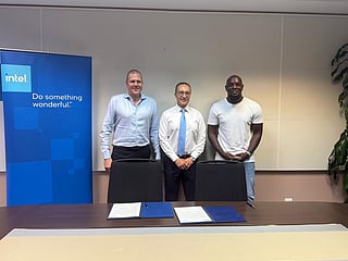 Greg Ernst, Chief Revenue Officer at Intel , Taha Khalifa, General Manager for Middle East and Africa at Intel, and Muhammed Khalid, Founder and CEO of AIREV 