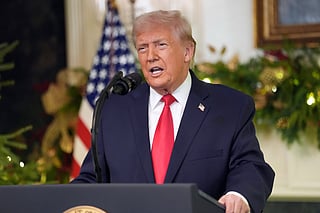 President Donald Trump speaks during an address to the nation from the Diplomatic Reception Room at the White House, Wednesday, Dec. 17, 2025, in Washington.