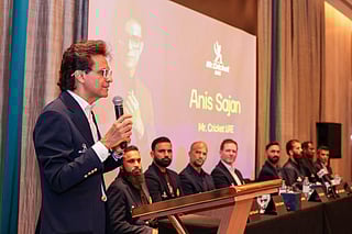 Mr Cricket UAE Anis Sajjan speaking during the launch of his digital sport platform in Dubai
