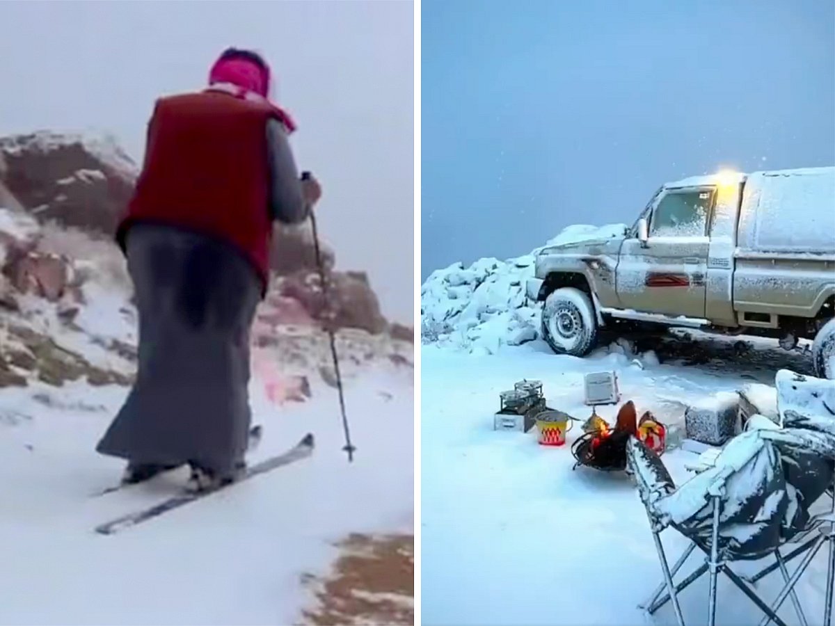 Unexpected snowfall brings skiing to northern Saudi Arabia.