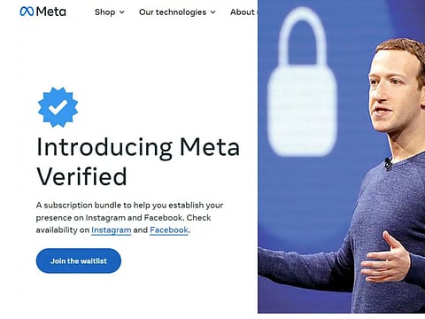 A combo shows a screengrab of the Meta Verified page and Meta founder and CEO Mark Zuckerberg.