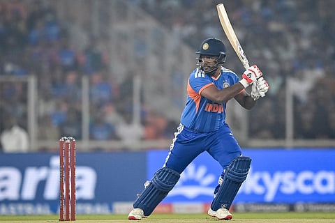 India's Sanju Samson plays a shot during the fifth Twenty20 international cricket match between India and South Africa at the Narendra Modi Stadium in Ahmedabad on December 19, 2025.