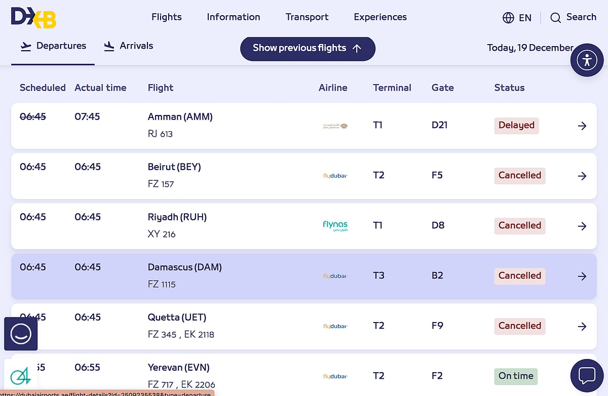 Flight disruptions continue at Dubai International Airport (DXB) early on Friday, December 19, 2025, as per Dubai Airports.