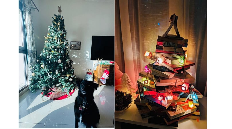 Scenes from Christmas. Left: Dilukshi Thomas's tree, and right: Purva Grover prepares her 'tree' of books.