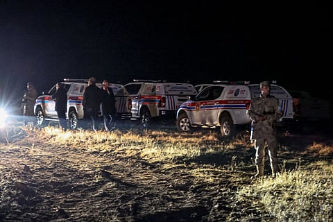 Vehicles of Turkey's Gendarmerie Search and Rescue unit (JAK) are stationed at the wreckage site as search and rescue operations are ungoing following the crash of a Libya-bound business jet carrying Libyan Chief of Staff General Muhammad Ali Ahmed Al Haddad, found 2 kilometers south of Kesikkavak Village at Haymana district in Ankara on December 23, 2025.