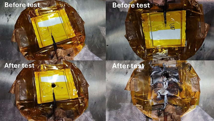Ion association helps batteries live longer during normal use, but under extreme stress ("abuse conditions", like puncture) it can accelerate heating and increase fire risk. The combo photo shows the smart Li-ion battery (left), and the regular Li-ion battery (right), after puncture.