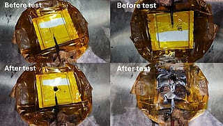 In common batteries, "ion association" helps batteries last longer during normal use, but under extreme stress ("abuse conditions", like puncture) it can accelerate heating and increase fire risk. A new study shows that when a new layer, which acts like a smart shield, is used, it stabilises the electrode, improves performance, and helps the battery last longer. The combo photo shows the smart Li-ion battery (left), and the regular Li-ion battery (right), after puncture. 