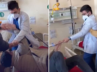 The footage shows Dr Raghav Narula seizing an iron rod from a patient before striking him.