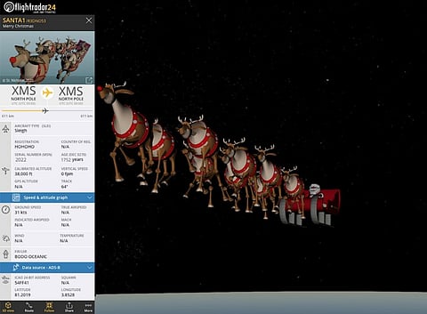 Santa’s sleigh appears on a live flight tracker as it “flies” over the world, drawing tens of thousands of viewers on Christmas Eve.