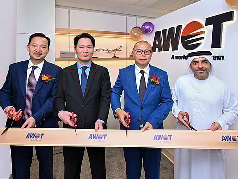 The freezone HQ, inaugurated by DAFZ Senior VP Arif Al Khouri and AWOT MENA GM Chris Yang, with executives David Lee, Kenny Li, Sophia Zeng and Kai Zhang, leverages Dubai's airport proximity to gain supply chain dominance.