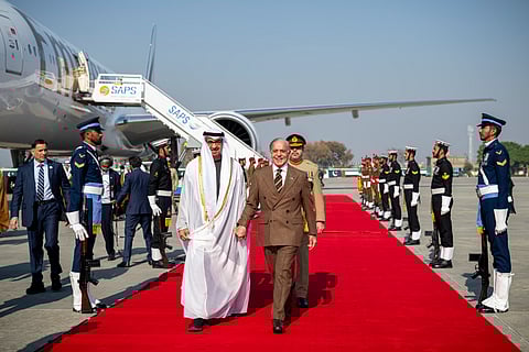 
President His Highness Sheikh Mohamed bin Zayed Al Nahyan  is received by Shehbaz Sharif, Prime Minister of Pakistan, upon arriving at Nur Khan Air Base in Islamabad, during an official visit.
