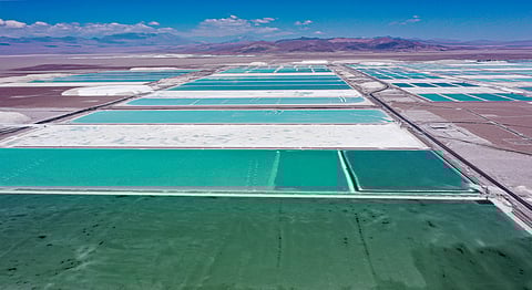 Aerial view of brine ponds and processing areas of the lithium mine of the Chilean company SQM (Sociedad Quimica Minera) in the Atacama Desert, Calama, Chile, on September 12, 2022.
