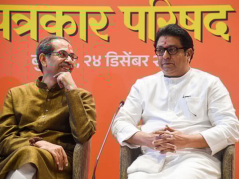 Shiv Sena (UBT) chief Uddhav Thackeray and Maharashtra Navnirman Sena (MNS) President Raj Thackeray address a press conference to announce their alliance for the upcoming BMC polls in Mumbai on Wednesday, December 24, 2025. 