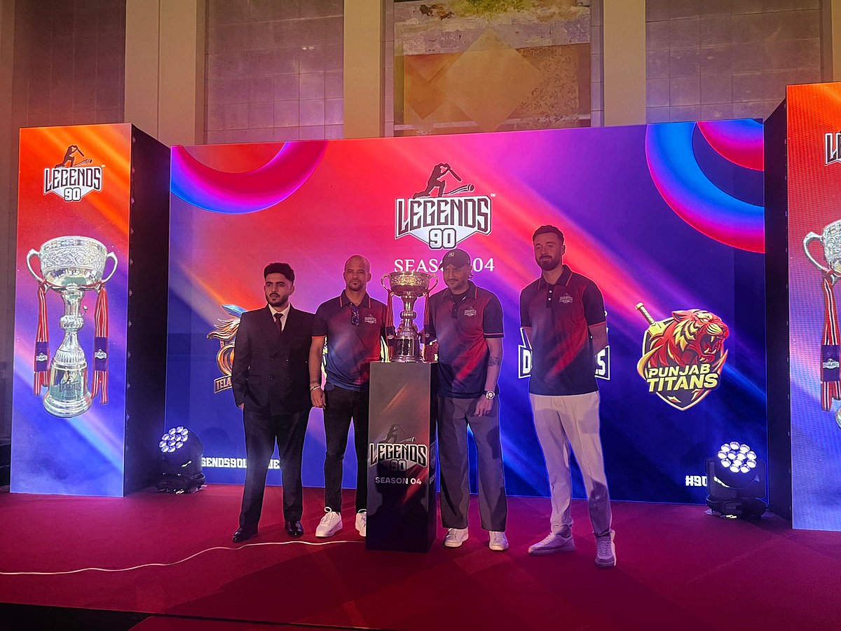 Harbhajan Singh, JP Duminy and James Vince during the launch of the Legends 90 League Season 4 in Dubai on Monday.