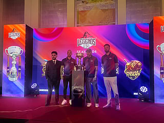 Harbhajan Singh, JP Duminy and James Vince during the launch of the Legends 90 League Season 4 in Dubai on Monday.