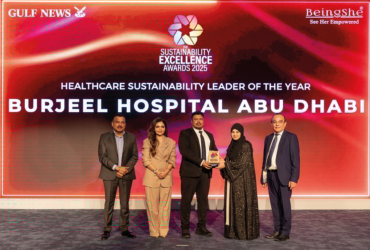 Anand Ramanathan, Director – Quality, Burjeel Hospital Abu Dhabi with Dr. Habiba Al Marashi, Captain Pradeep Singh of Karma Developers, Vijay Vaghela of Gulf News, and Aparna Bajpai of BeingShe