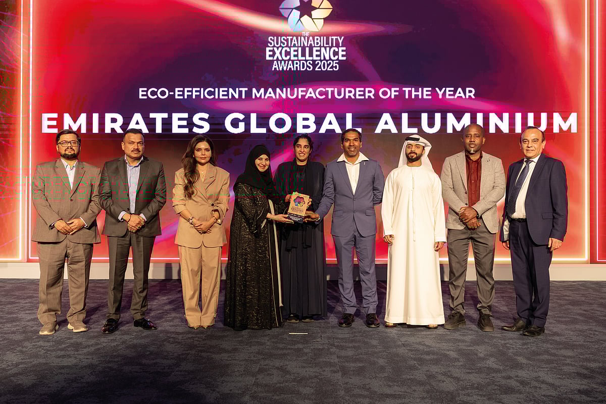 The Emirates Global Aluminium (EGA) team with Chief Guest Dr. Habiba Al Marashi, Captain Pradeep Singh of Karma Developers, Vijay Vaghela of Gulf News, and Aparna Bajpai of BeingShe