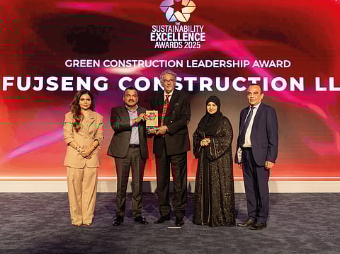 Anjum Beg Navan, Managing Director of FujSeng Construction LLC with Chief Guest Dr. Habiba Al Marashi, Captain Pradeep Singh of Karma Developers, Vijay Vaghela of Gulf News, and Aparna Bajpai of BeingShe
