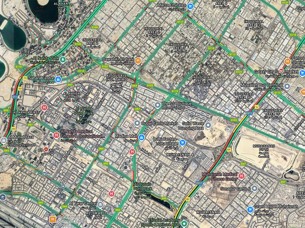 Real-time Google Maps data showed slow-moving traffic on Al Ittihad Road and Sheikh Mohammed bin Zayed Road.
